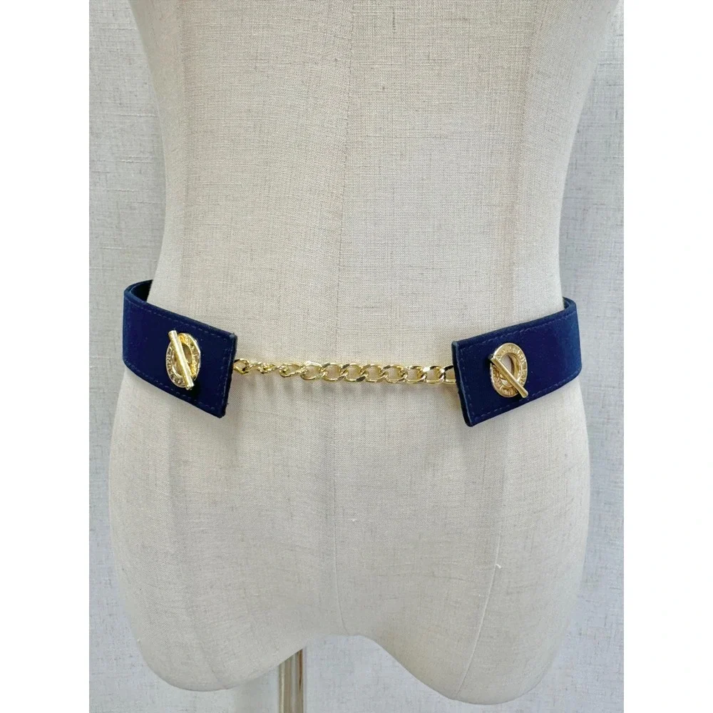 Ralph‎ Lauren Navy Blue Grosgrain Gold Chain Toggle Belt One Size Adjustable